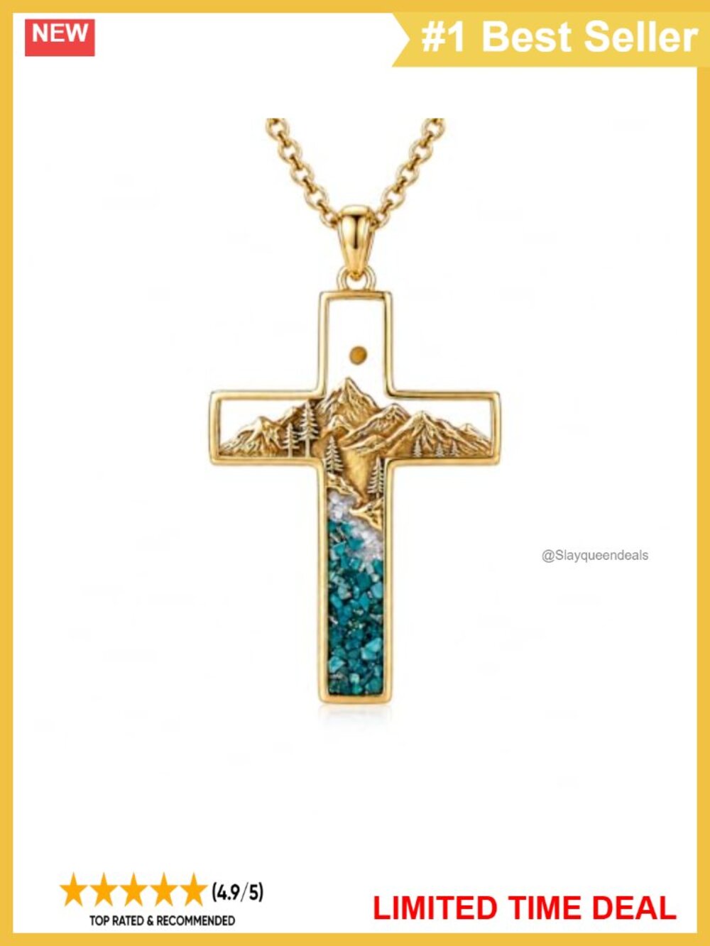 Mustard Seed Cross Necklace Gold Tone Turquoise Pendant 18-20 Inch